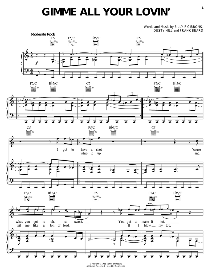 Gimme All Your Lovin' Gimme All Your Lovin' Piano, Vocal, Guitar scores gallery preview page 1