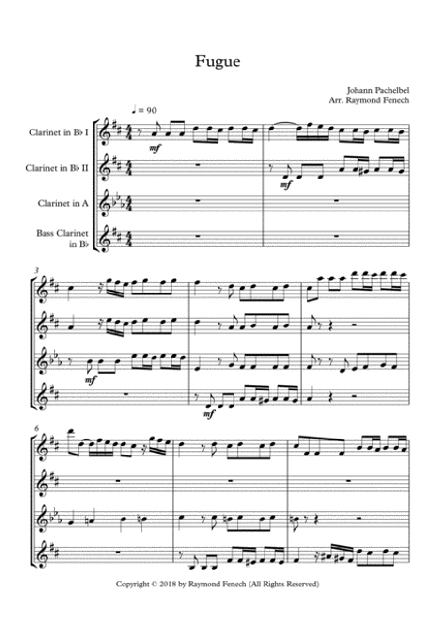 Fugue - Johann Pachelbel - Clarinet Choir Quartet (2 B Flat Clarinets; Alto Clarinet and Bass Clarin Clarinet Quartet scores gallery preview page 4