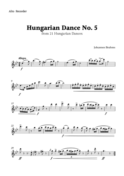 Hungarian Dance No. 5 by Brahms for Alto Recorder Solo image number null