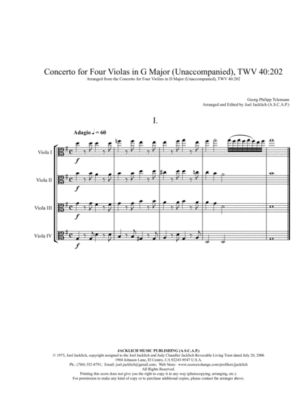 Concerto No. 2 in G Major for Four Violas Unaccompanied TWV40:202 image number null