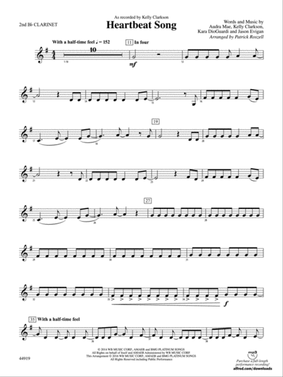 Heartbeat Song: 2nd B-flat Clarinet Concert Band scores gallery preview page 1