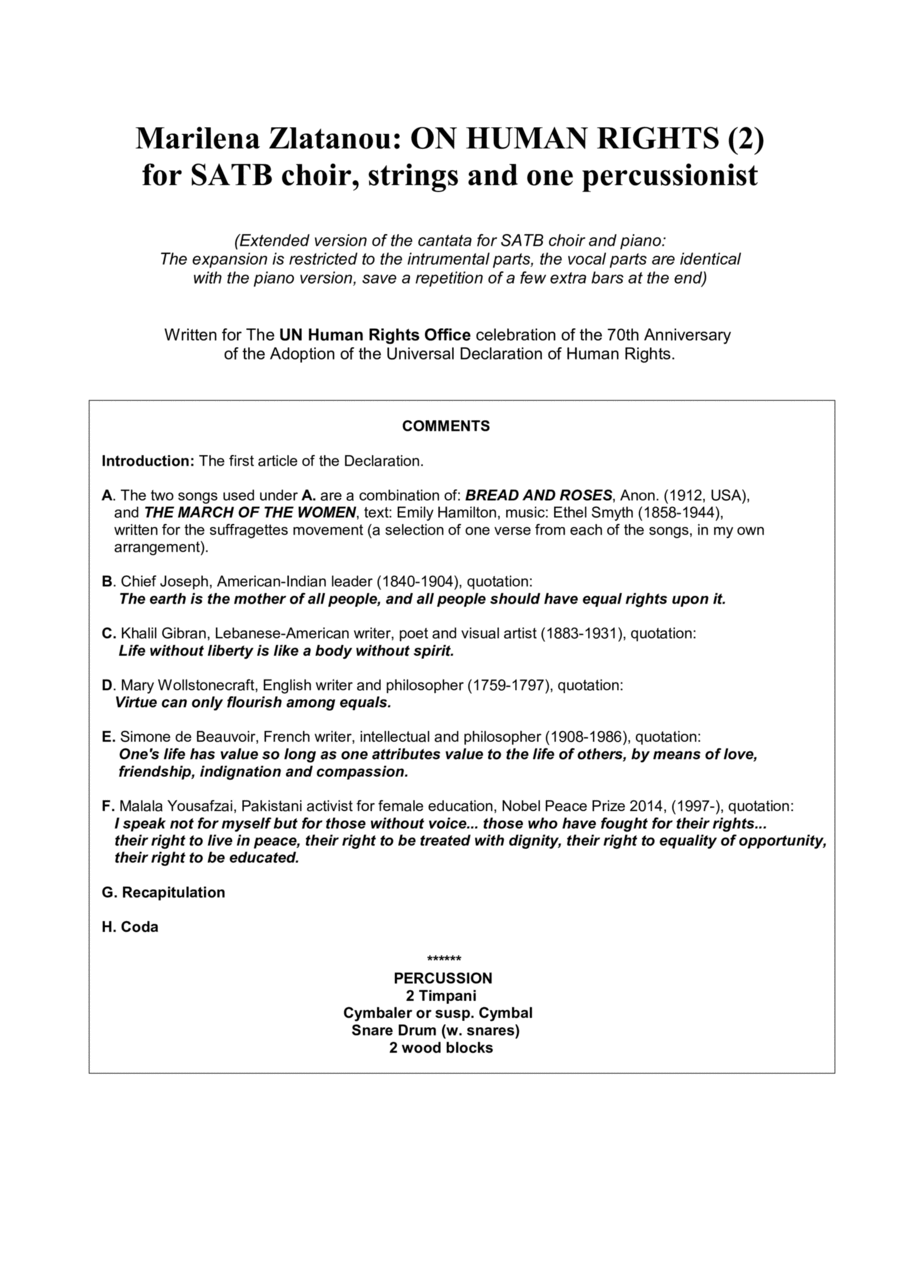 ON HUMAN RIGHTS (2) for SATB choir, strings and one percussionist 4-Part scores gallery preview page 1