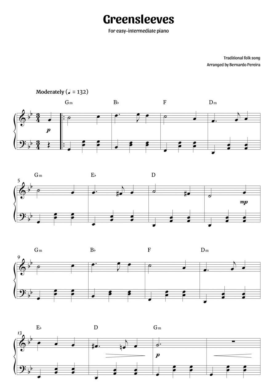 Greensleeves (easy-intermediate piano in G minor – clean with chords) Piano Solo scores gallery preview page 1