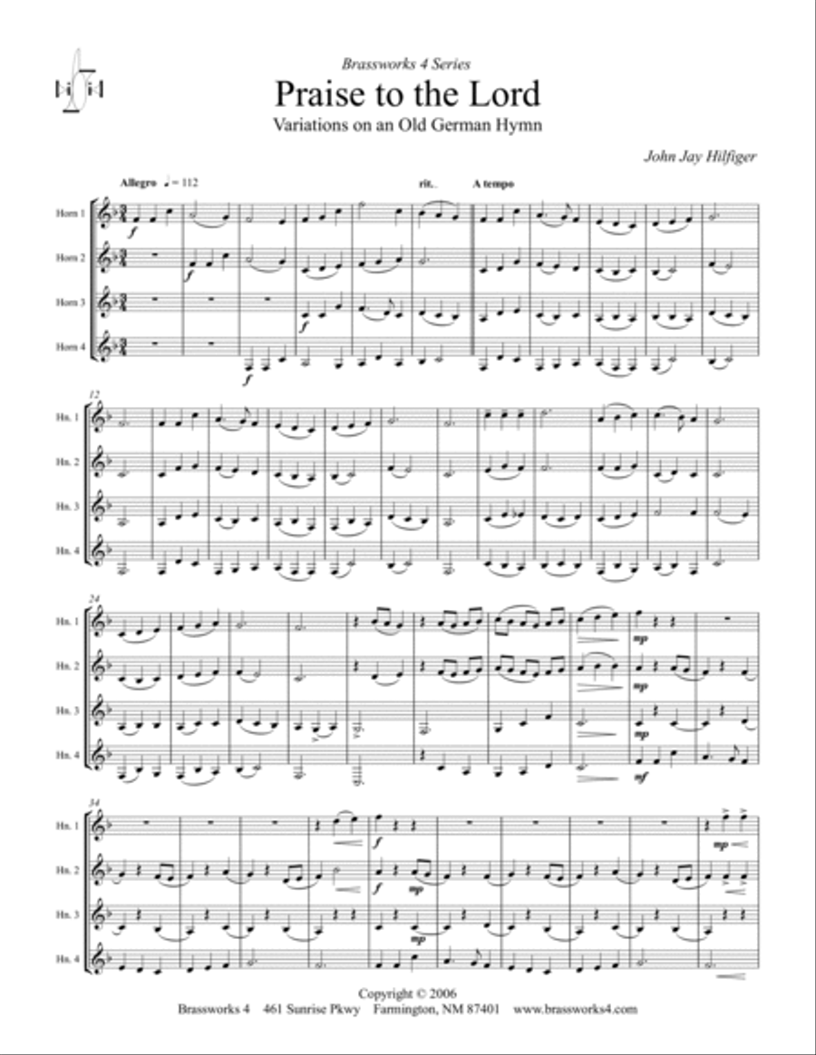 Praise to the Lord (Variations on an Old German Hymn) French Horn Quartet scores gallery preview page 2