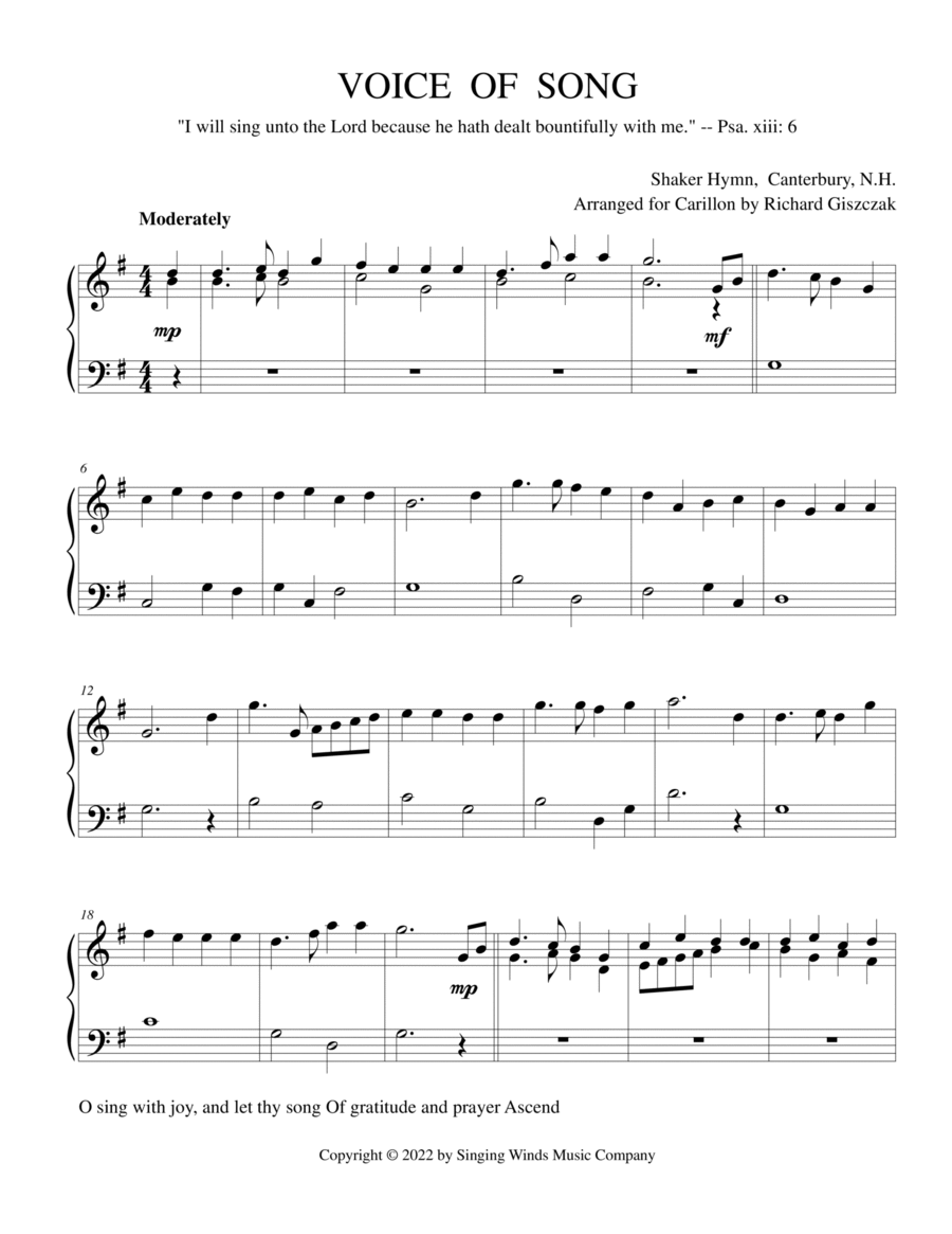 VOICE OF SONG -- O sing with joy (Shaker hymn) Voice scores gallery preview page 1
