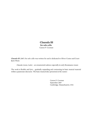 Carson Cooman: Clausula III (2007) for solo cello