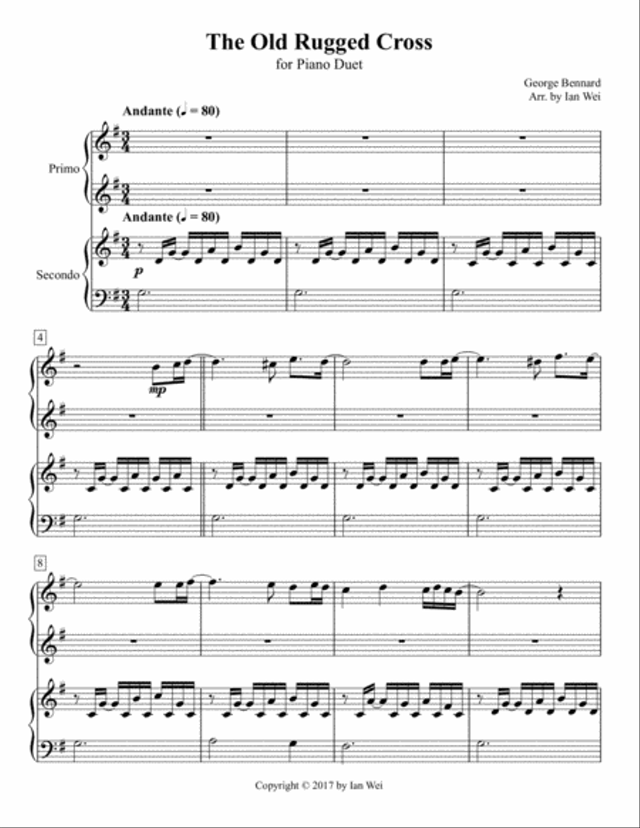 The Old Rugged Cross for Piano Duet 1 Piano, 4-Hands scores gallery preview page 1