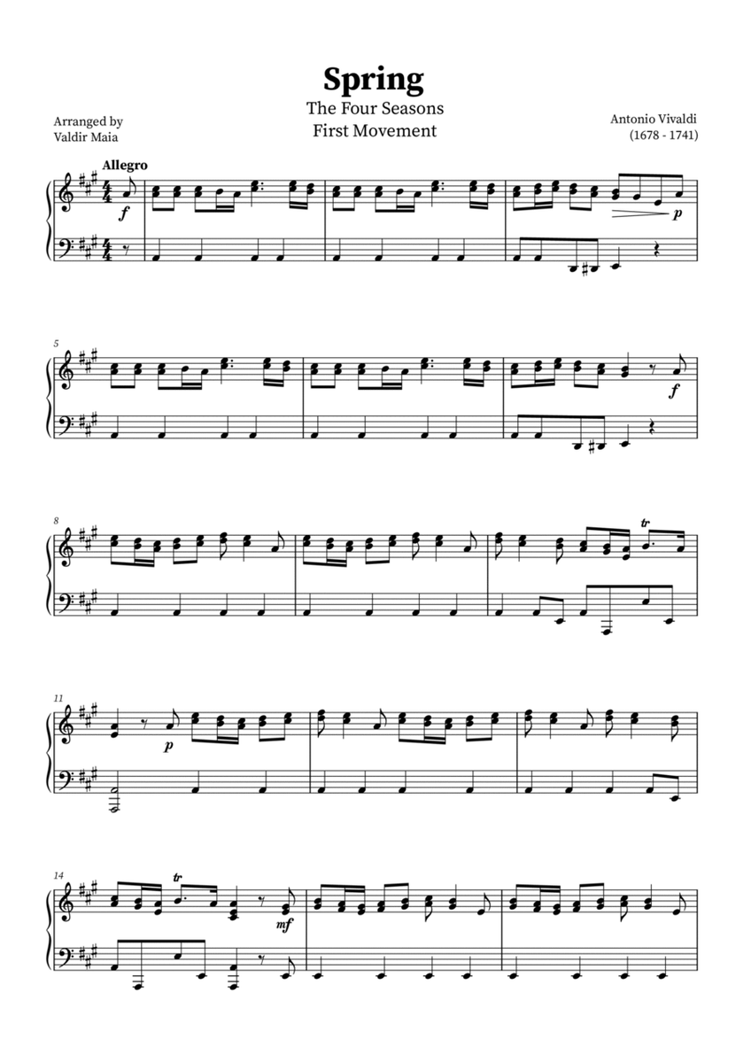 Spring - The Four Seasons | Piano Intermediate Sheet Music in A Major image number null