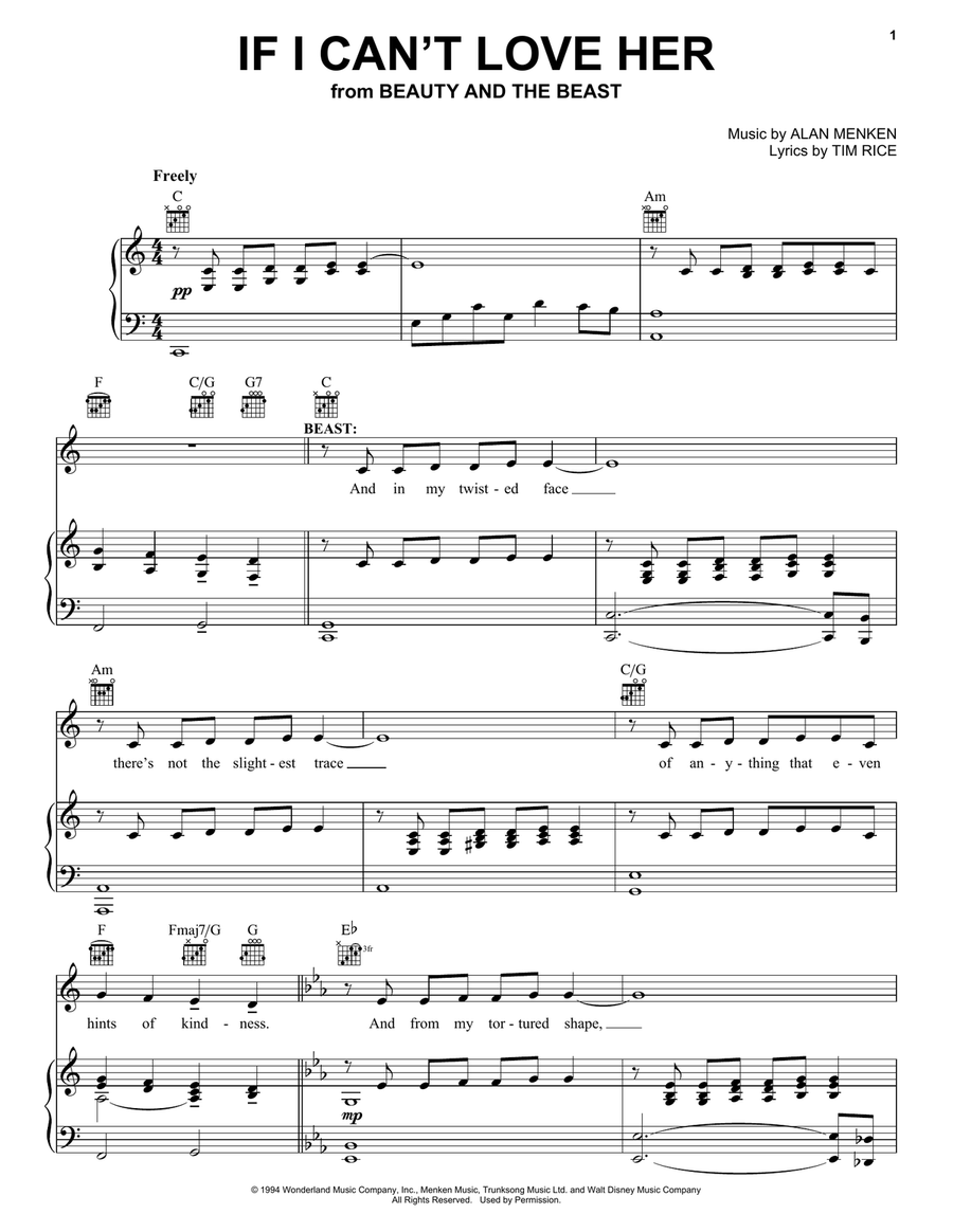 If I Can't Love Her (from Beauty And The Beast: The Musical) Guitar scores gallery preview page 1
