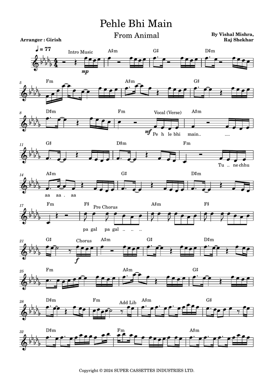 Pehle Bhi Main Piano scores gallery preview page 1