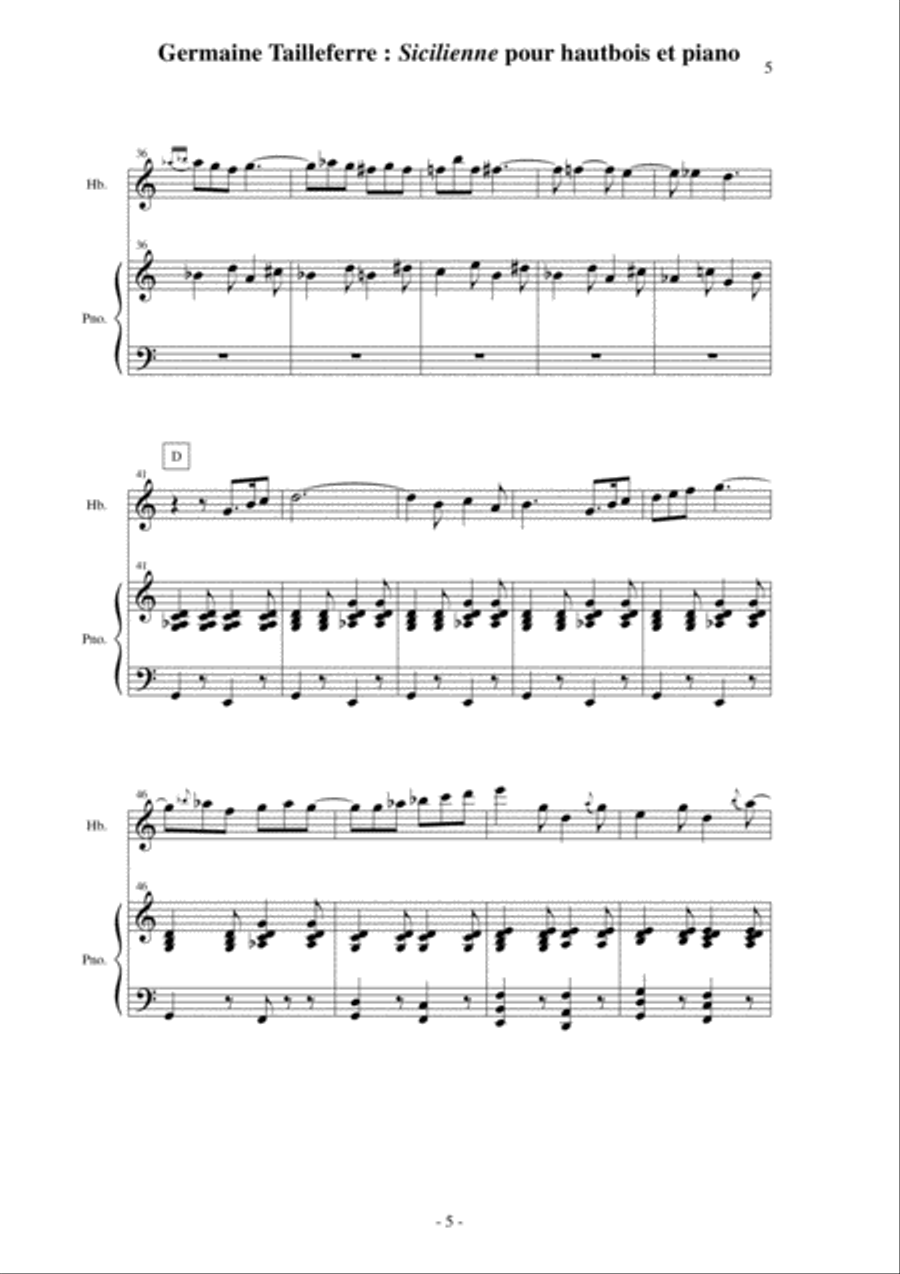Germaine Tailleferre: Sicilienne for oboe and piano Piano scores gallery preview page 5