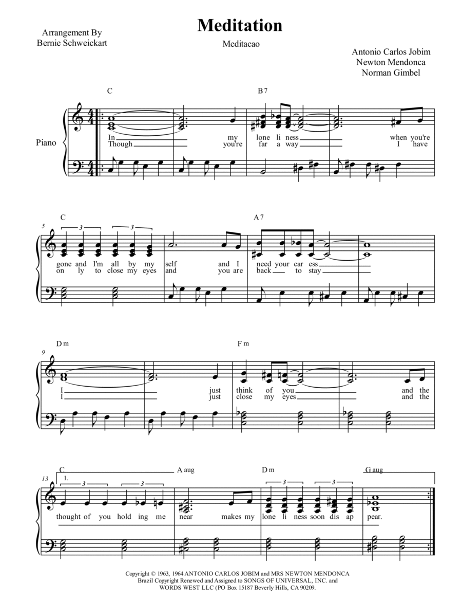 Meditation (meditacao) Piano, Vocal, Guitar scores gallery preview page 1