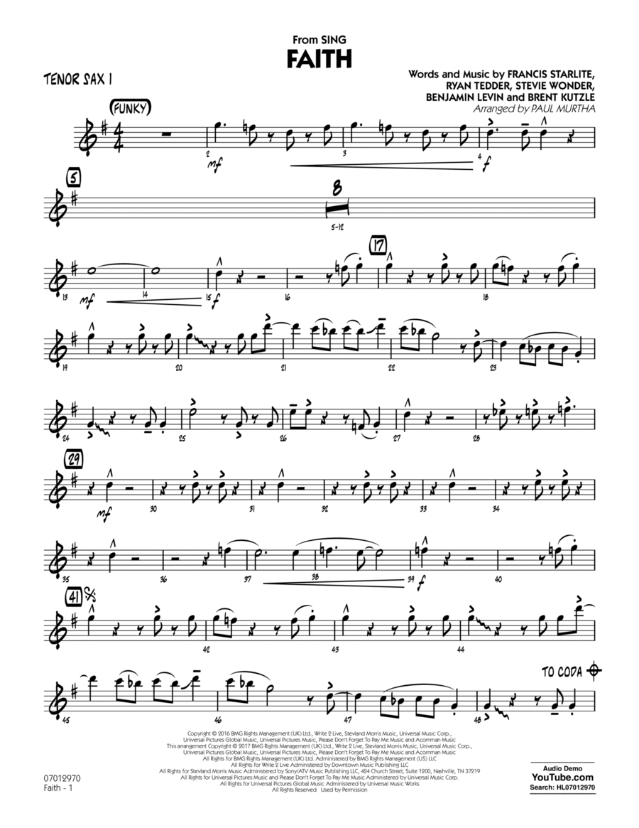 Faith (from Sing) - Tenor Sax 1 Tenor Saxophone scores gallery preview page 1