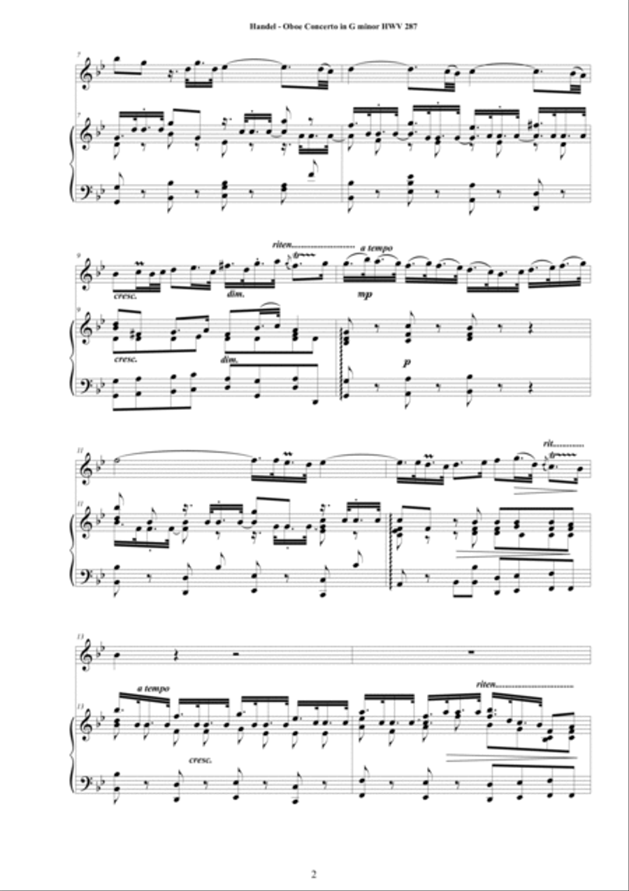 Handel - Oboe Concerto in G minor HWV 287 for Oboe and Cembalo (or Piano) Piano scores gallery preview page 2