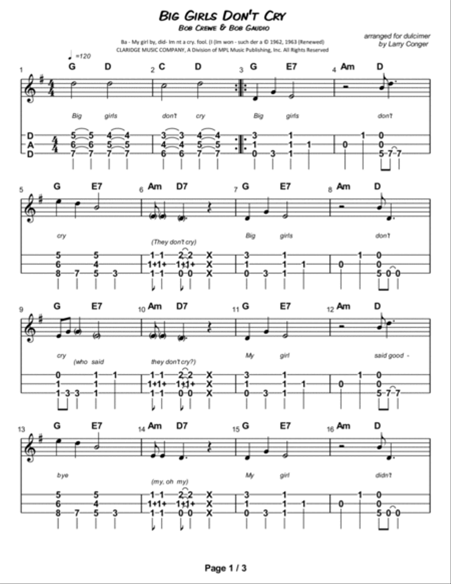 Big Girls Don't Cry Dulcimer scores gallery preview page 2