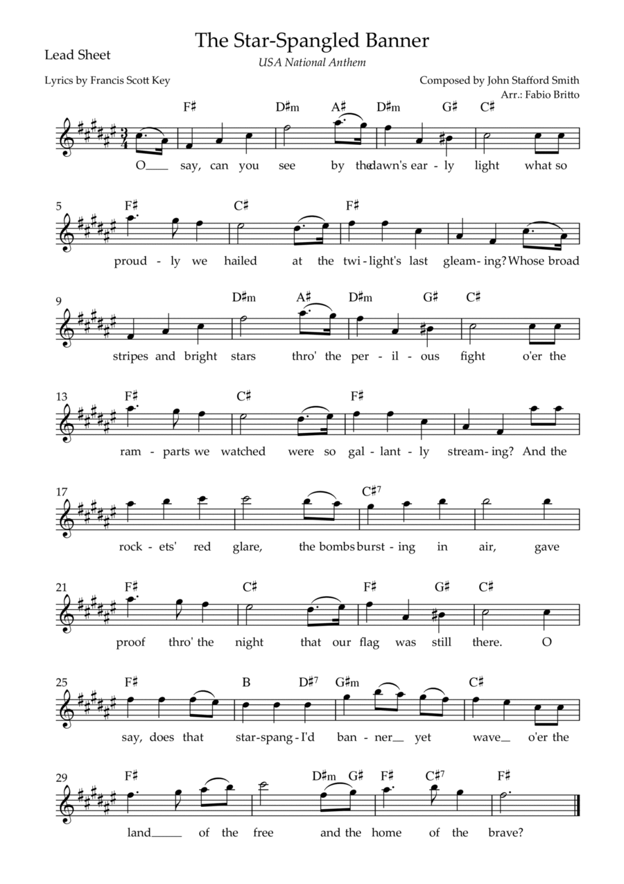 The Star Spangled Banner (USA National Anthem) Lead Sheet (F# Major) Piano scores gallery preview page 1