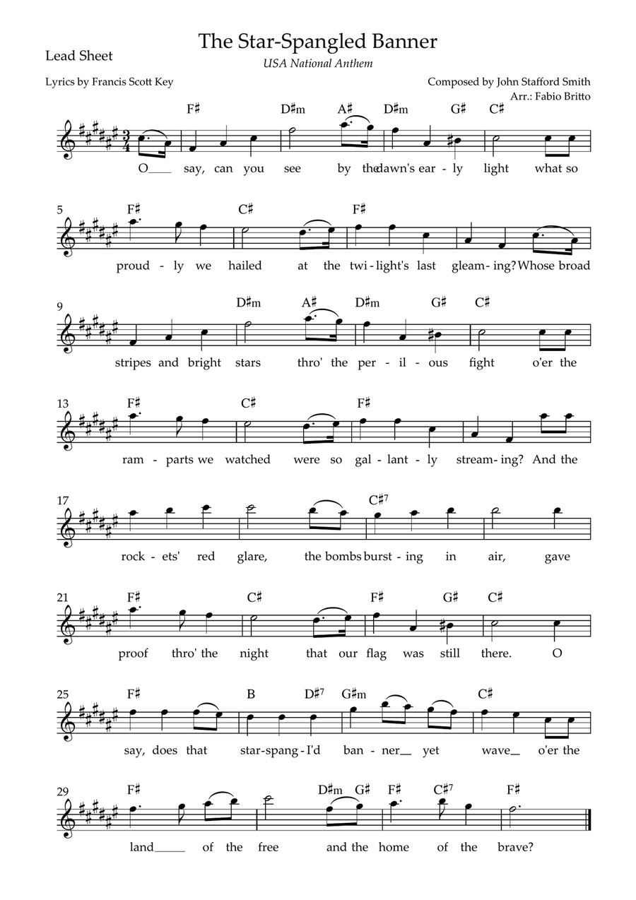 The Star Spangled Banner (USA National Anthem) Lead Sheet (F# Major)