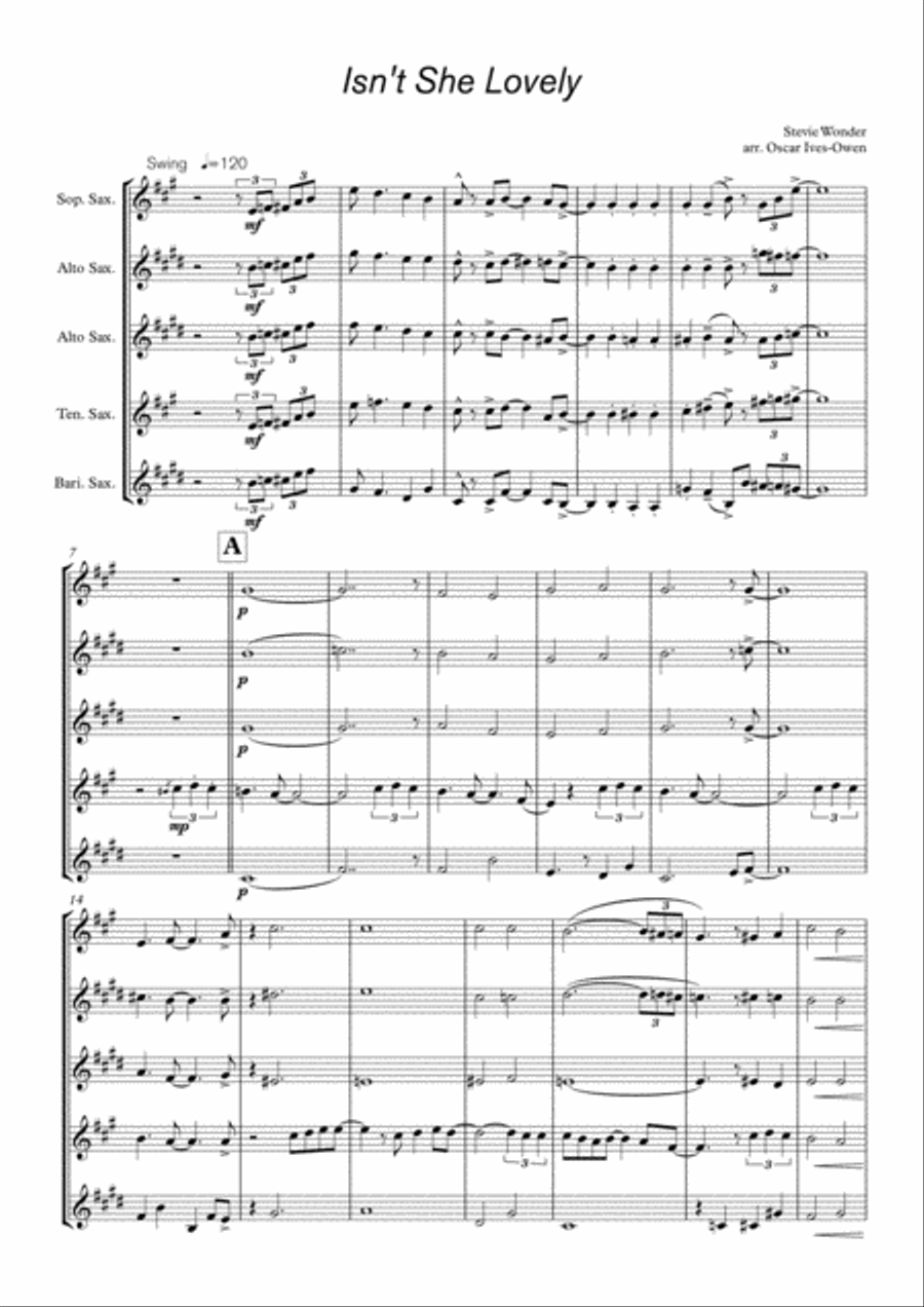 Isn't She Lovely Woodwind Quartet scores gallery preview page 1