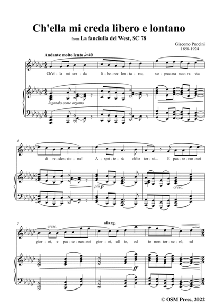Puccini-Ch'ella mi creda libero e lontano,in G flat Major,for Voice and Piano