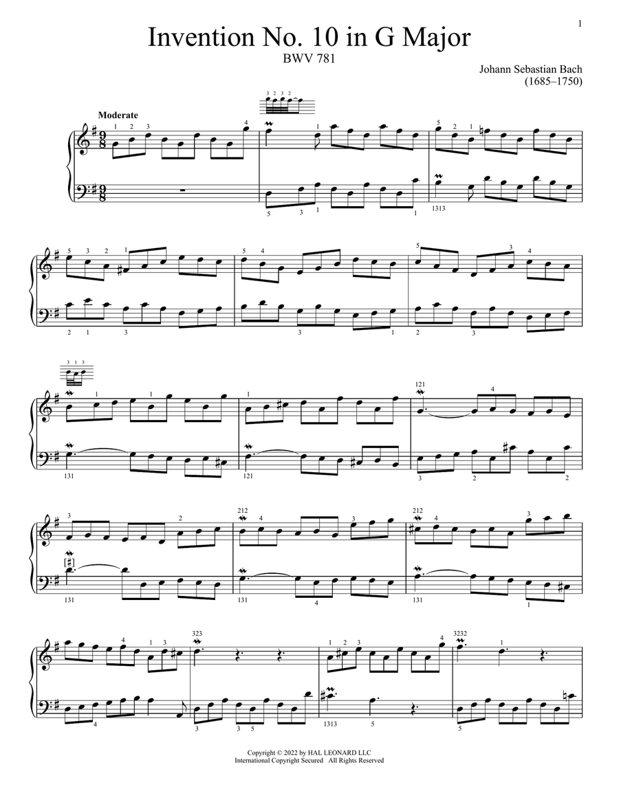 Invention No. 10 In G Major, BWV 781 Piano Solo scores gallery preview page 1