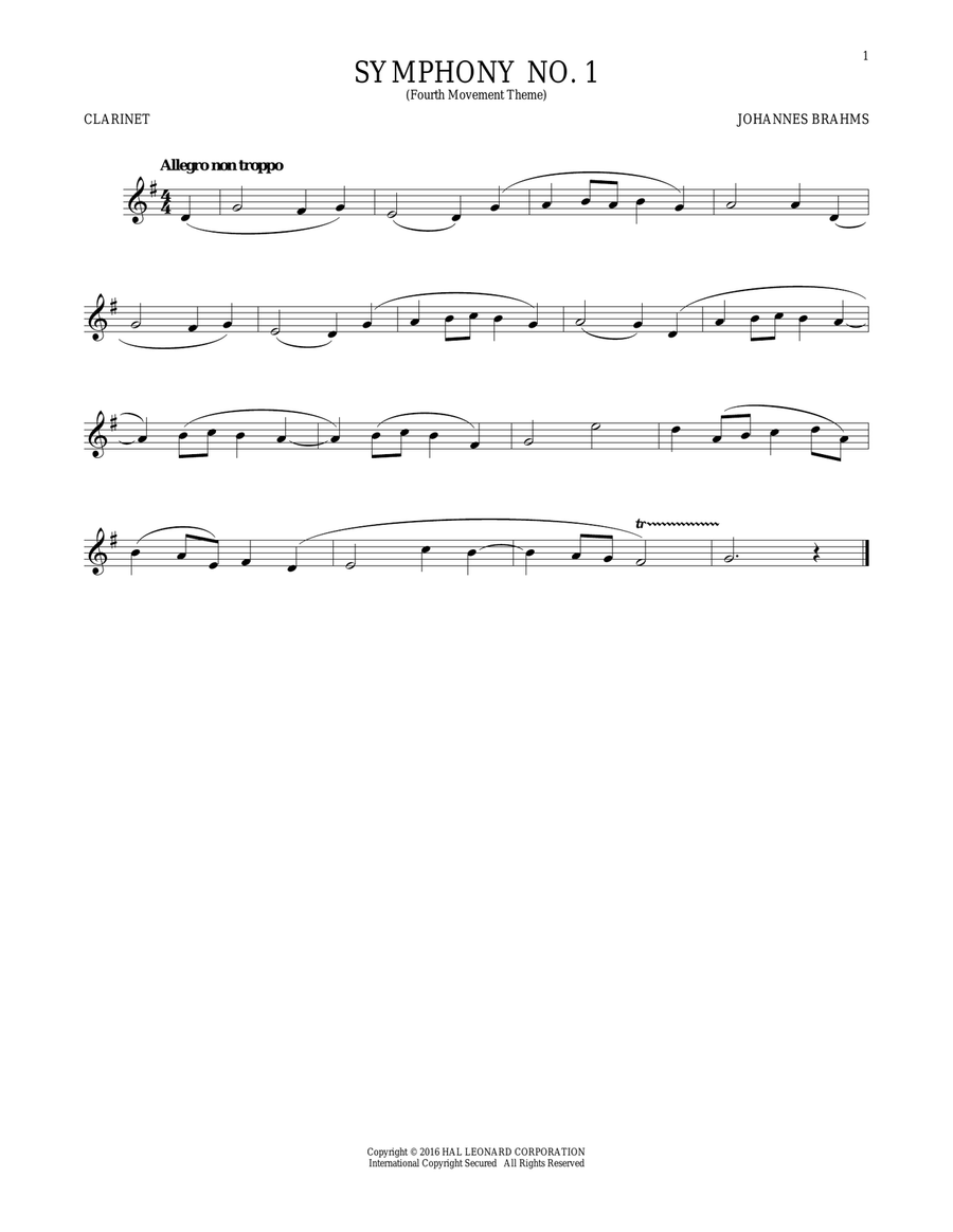 Symphony No. 1 In C Minor, Fourth Movement Excerpt Clarinet Solo scores gallery preview page 1