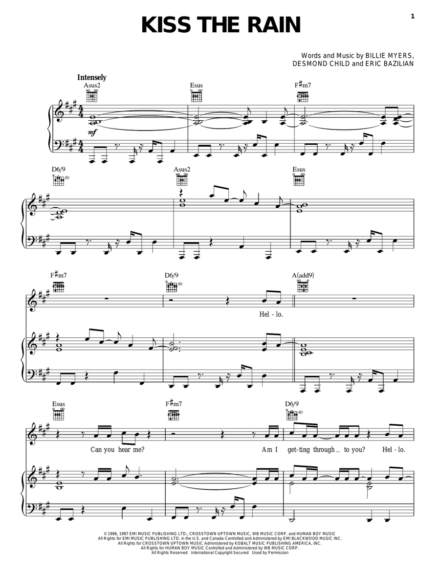 Kiss The Rain Piano, Vocal, Guitar scores gallery preview page 1