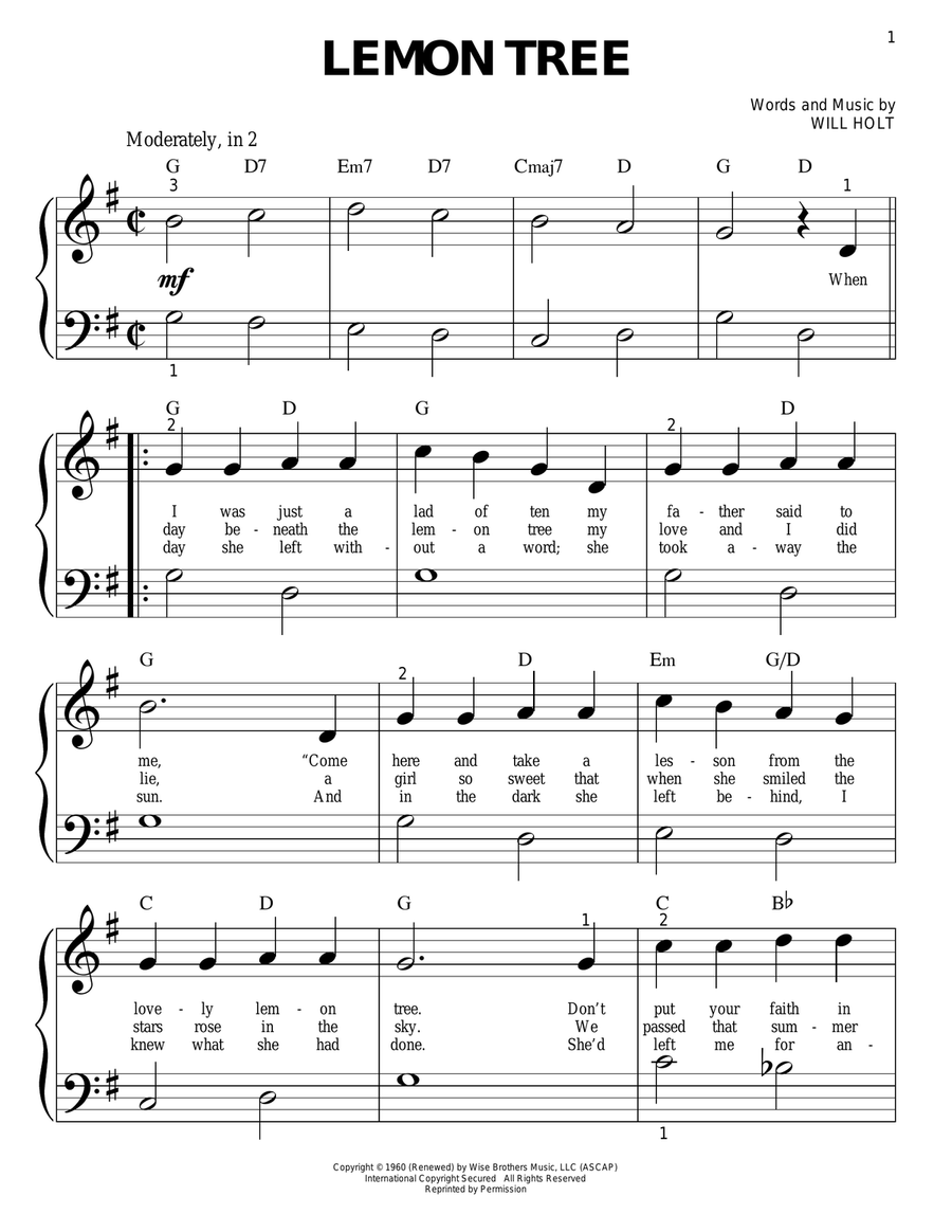 Lemon Tree Easy Piano scores gallery preview page 1