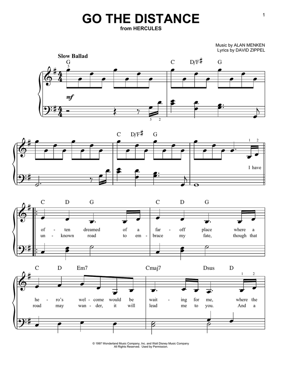 Go The Distance (from Hercules) Easy Piano scores gallery preview page 1