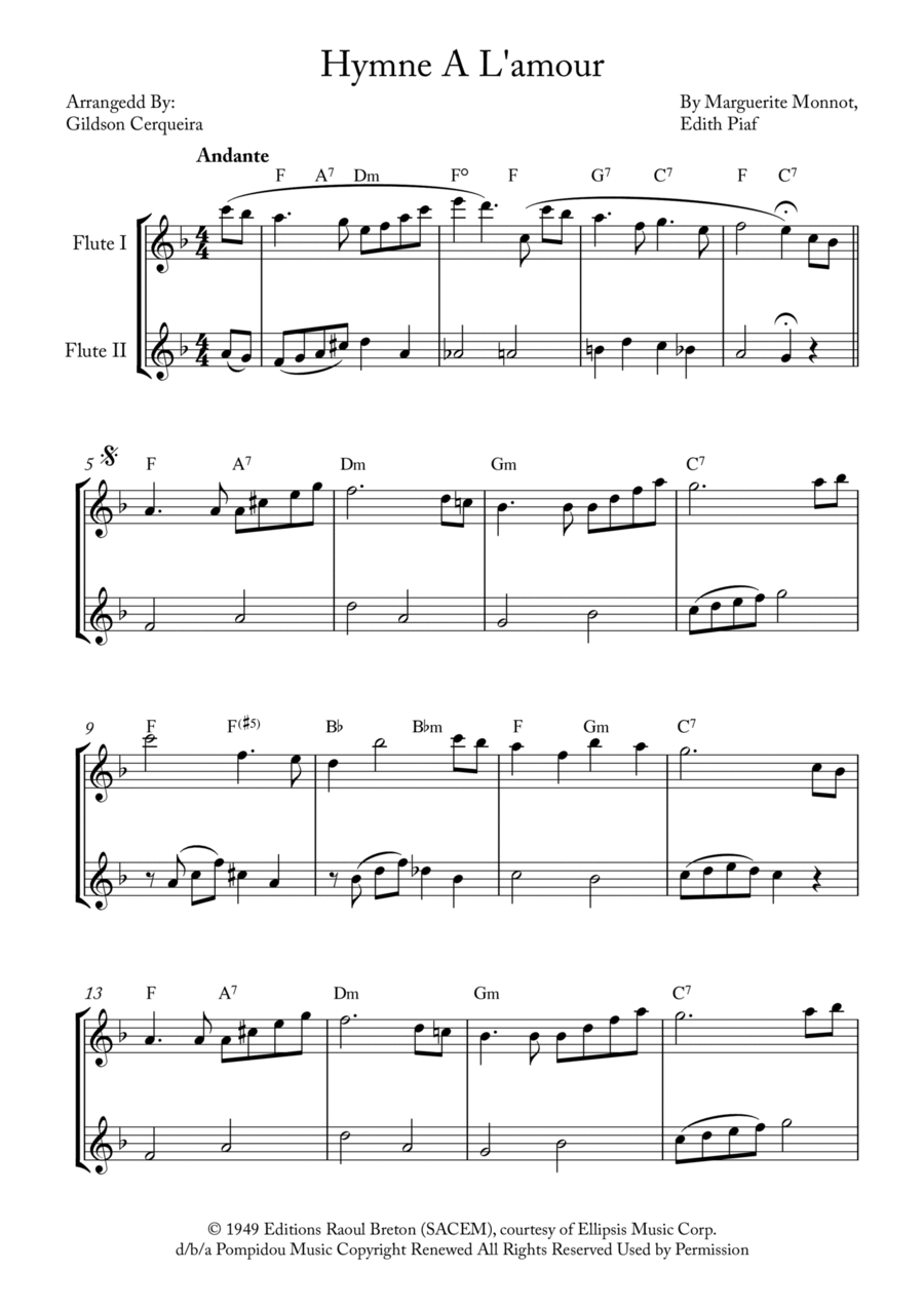 Hymne A L'amour Flute Duet scores gallery preview page 1