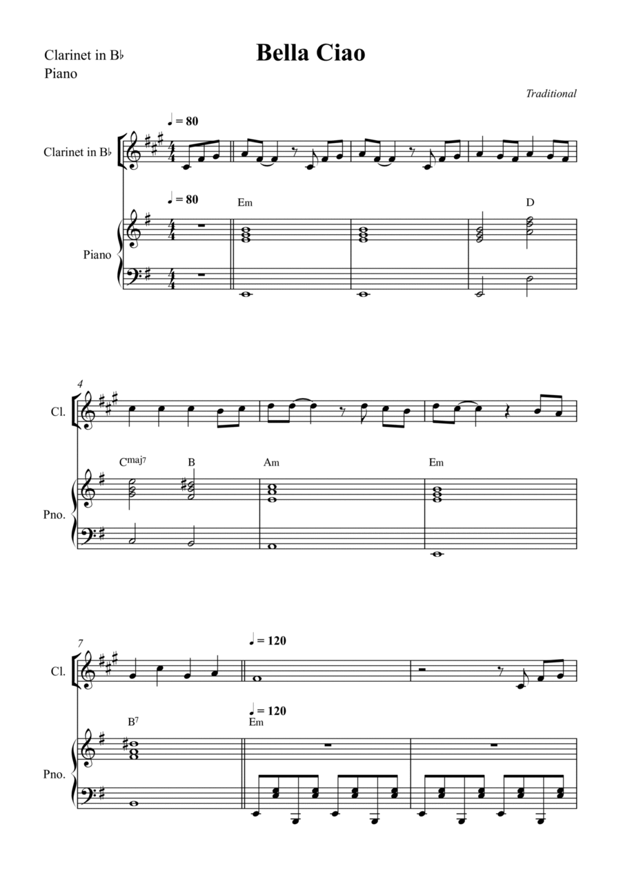 Bella Ciao For Clarinet Bb B-Flat Clarinet scores gallery preview page 1
