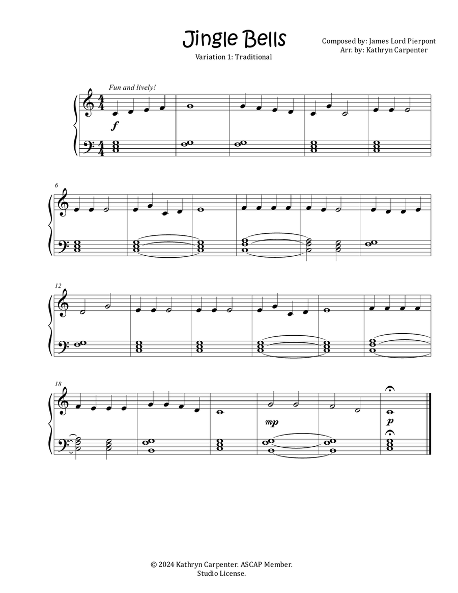 Jingle Bells (Easy Piano, Three Variations) Easy Piano scores gallery preview page 1