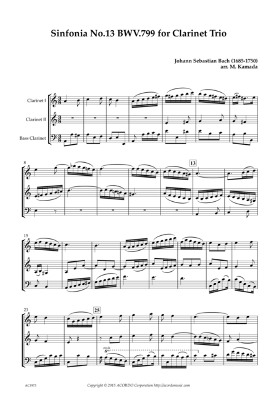 Sinfonia No.13 BWV.799 for Clarinet Trio Clarinet Trio scores gallery preview page 1