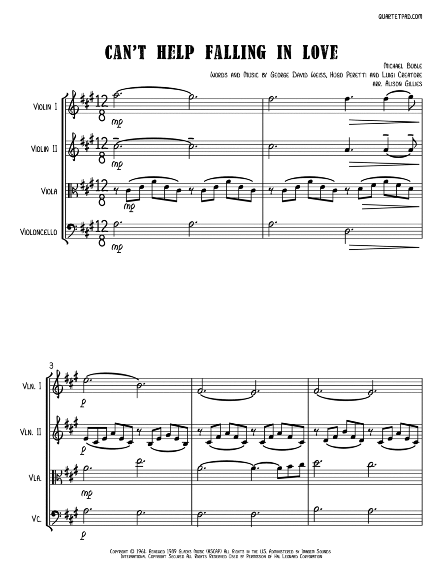 Can't Help Falling In Love String Quartet scores gallery preview page 1