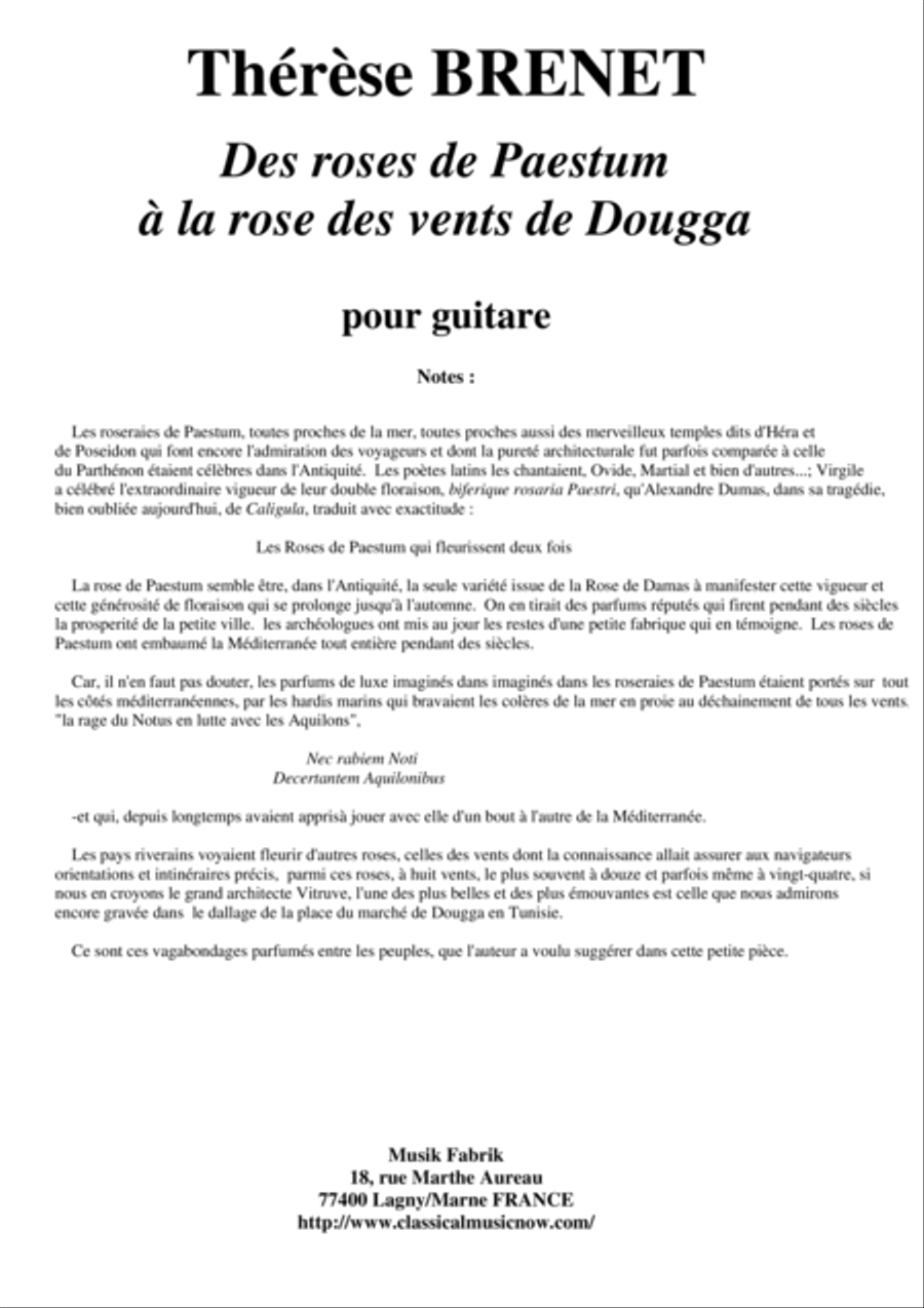 Thérèse Brenet : Des roses de Paestum à la rose des vents de Dougga for guitar Guitar Solo scores gallery preview page 1