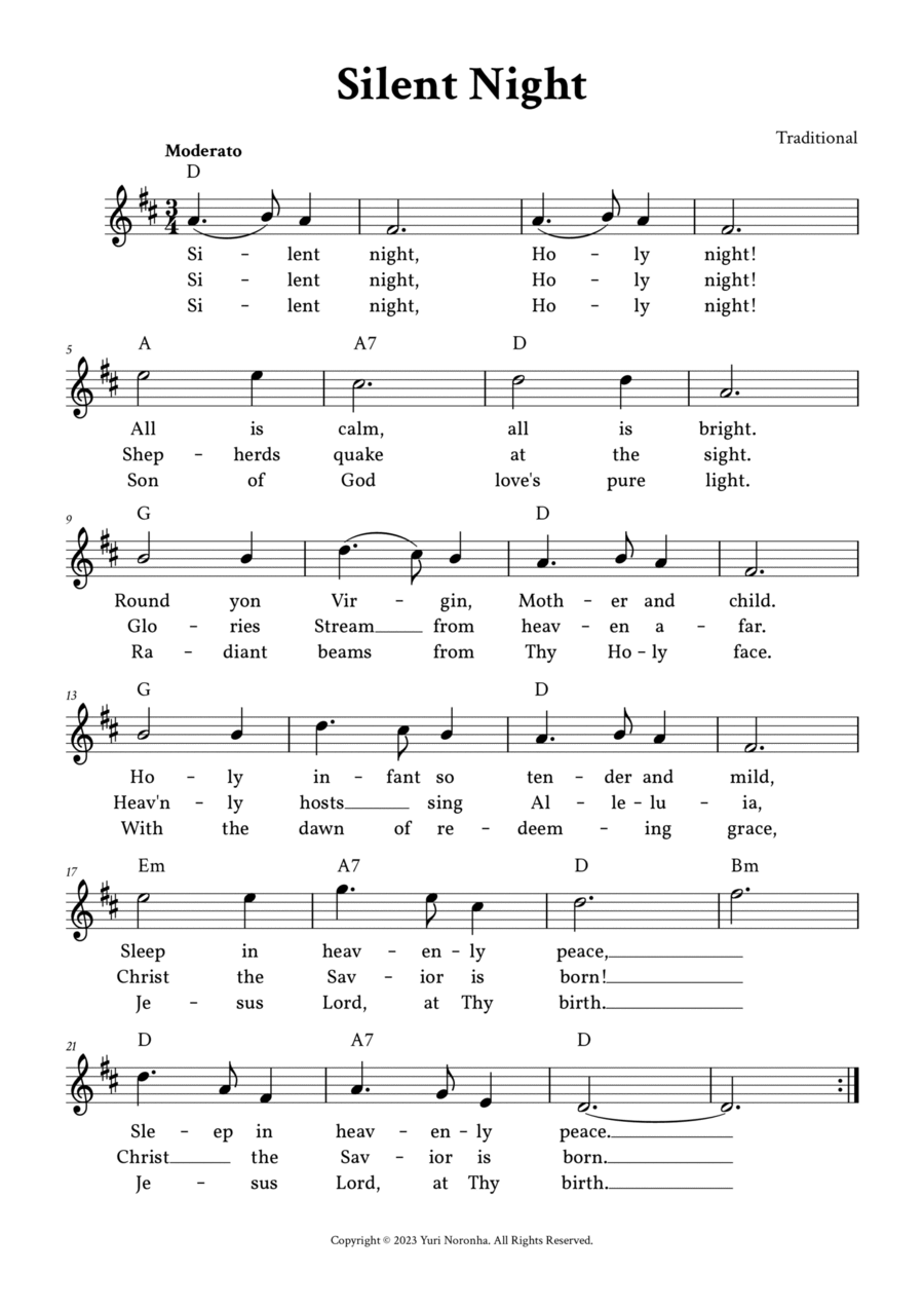 Silent Night - Lead Sheet (D Major) Easy Piano scores gallery preview page 1
