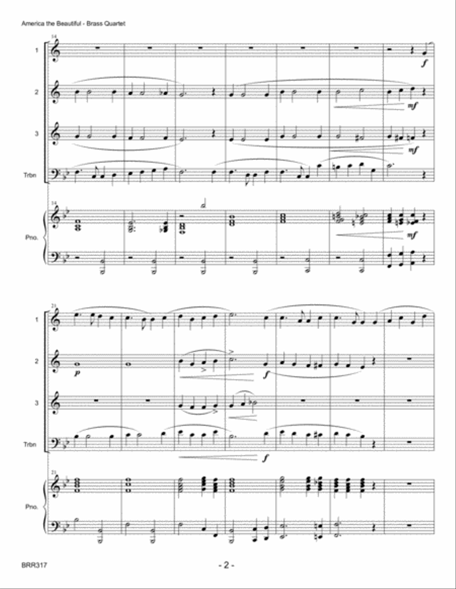AMERICA THE BEAUTIFUL - BRASS QUARTET with optional Piano Brass Quartet scores gallery preview page 2