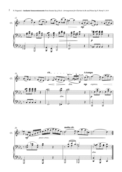 N. Paganini - Andante Innocentemente from Sonata Op.3 No.6 - Clarinet in Bb and Piano image number null