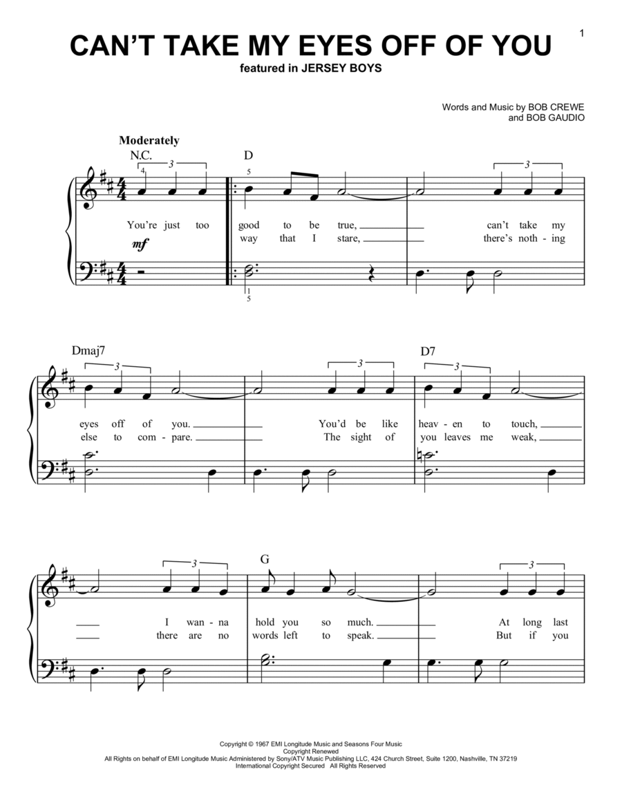 Can't Take My Eyes Off Of You (from Jersey Boys) Easy Piano scores gallery preview page 1