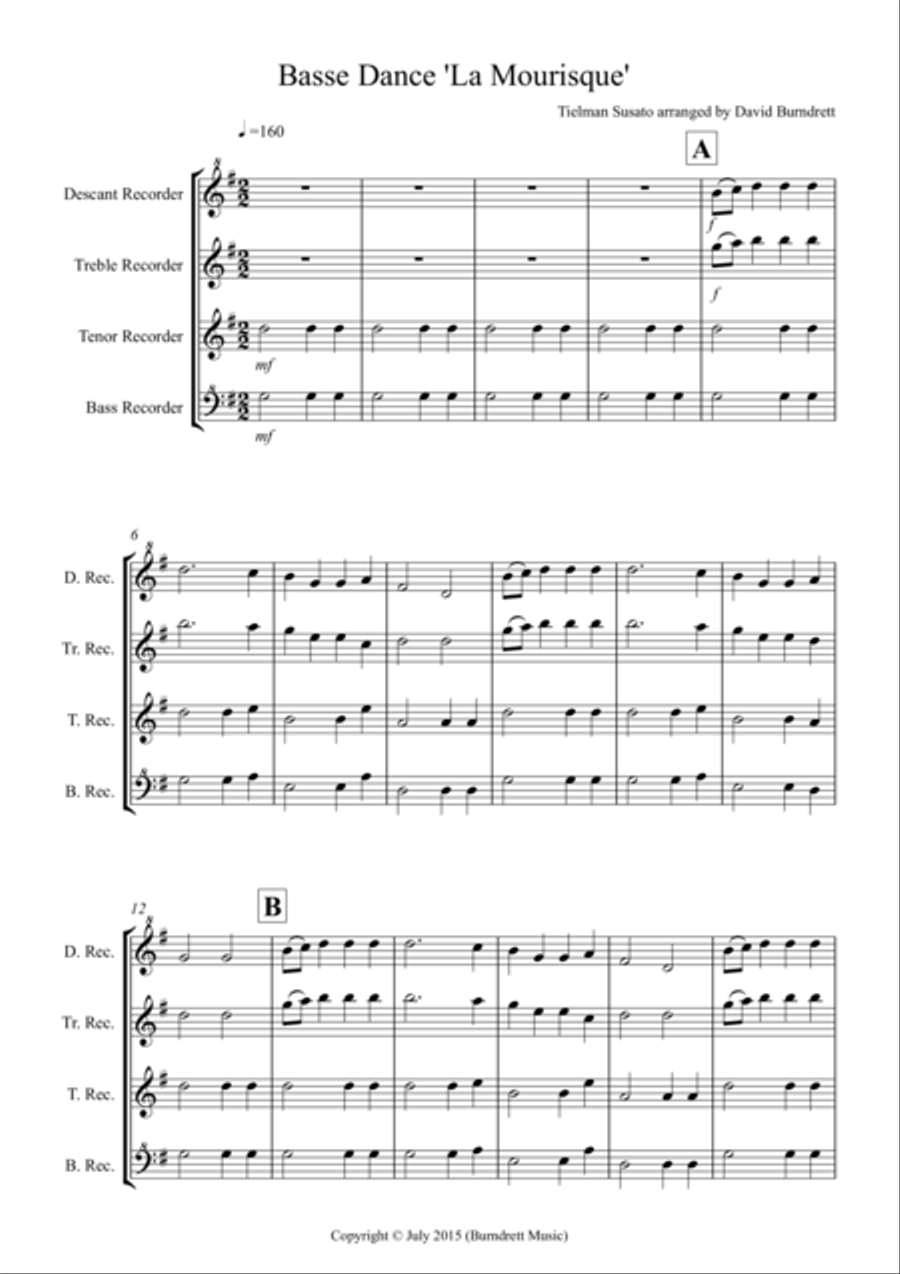 Basse Dance by Susato for Recorder Quartet Recorder scores gallery preview page 1