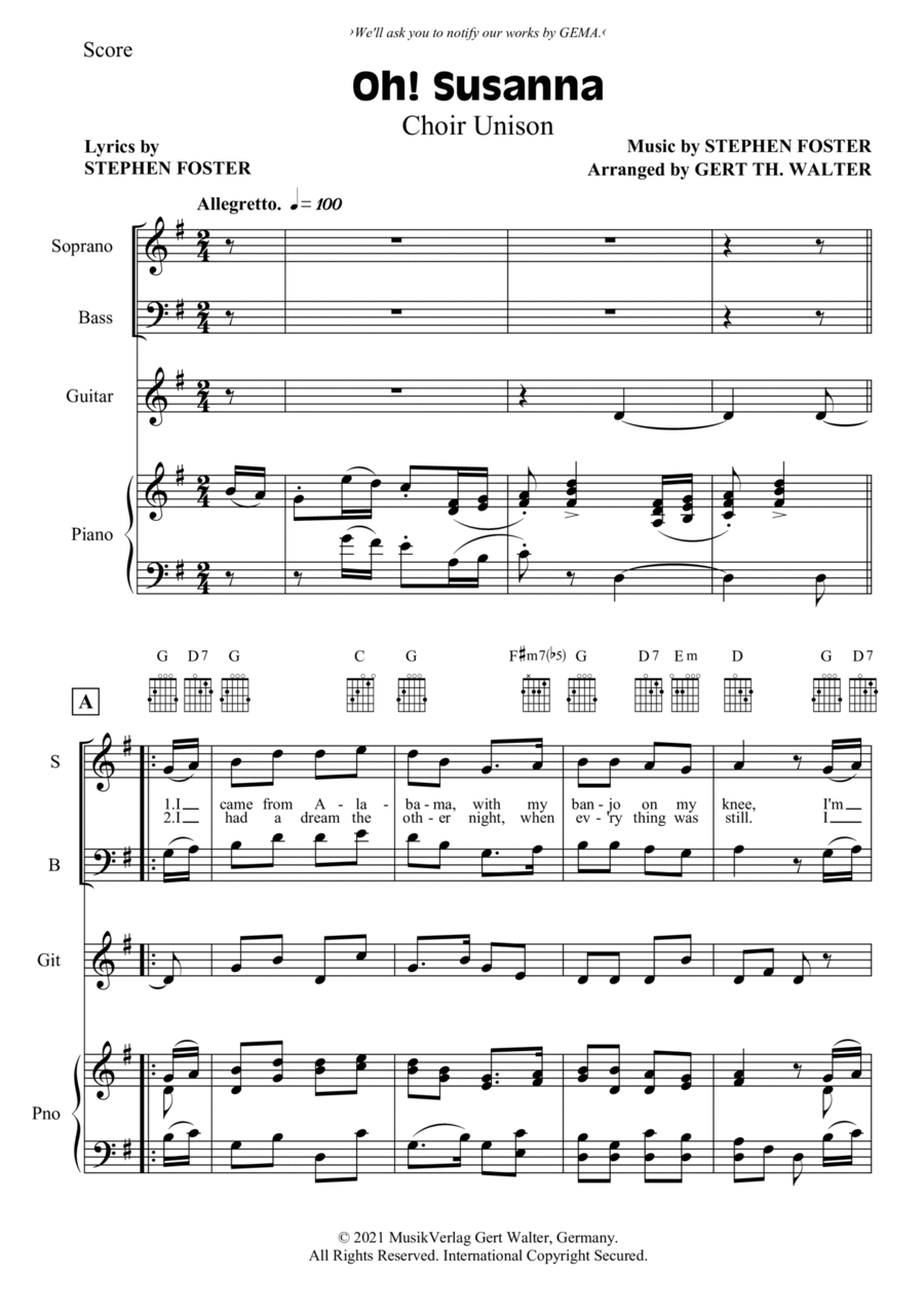 Oh! Susanna Oh! Susanna Unison Choir scores gallery preview page 1