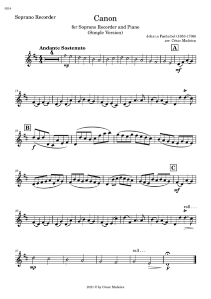 Pachelbel's Canon in D - Soprano Recorder and Piano - Simple Version (Individual Parts) image number null