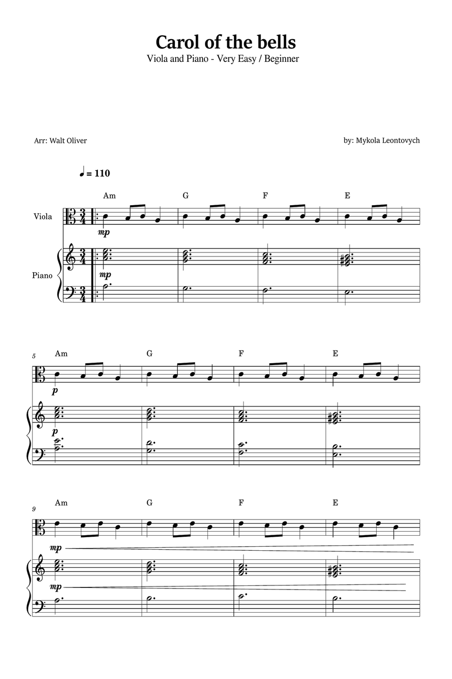 Carol of the Bells for Viola and Piano (Very Easy - Beginner) in A minor - With Chords Piano scores gallery preview page 1