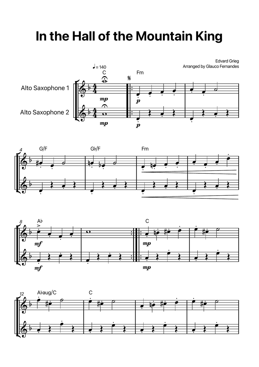 In the Hall of the Mountain King - Alto Sax Duet with Chord Notations