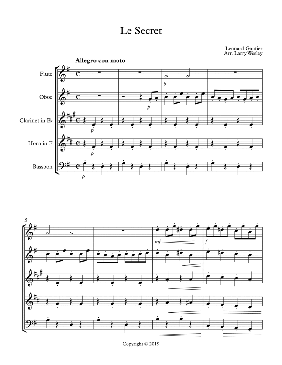 Wind Quintet: Le Secret Wind Quintet: Le Secret Woodwind Quintet scores gallery preview page 1