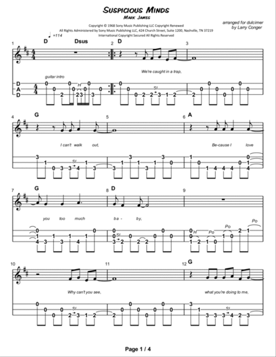 Suspicious Minds Suspicious Minds Dulcimer scores gallery preview page 2