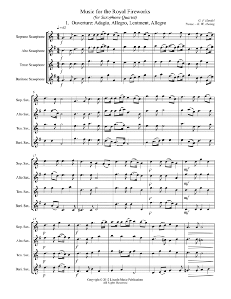 Handel – Music for the Royal Fireworks (for Saxophone Quartet SATB) Saxophone Quartet scores gallery preview page 2