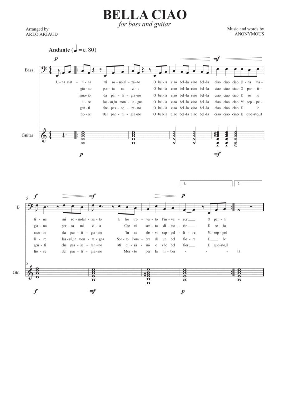 Bella Ciao Bella Ciao Bass Voice scores gallery preview page 1
