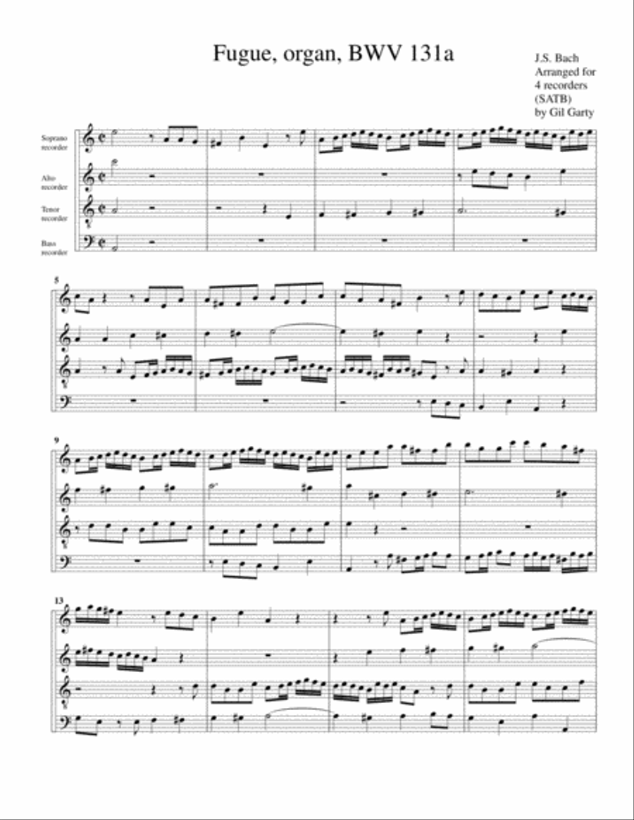 Fugue for organ, BWV 131a (Arrangement for 4 recorders) Recorder scores gallery preview page 1