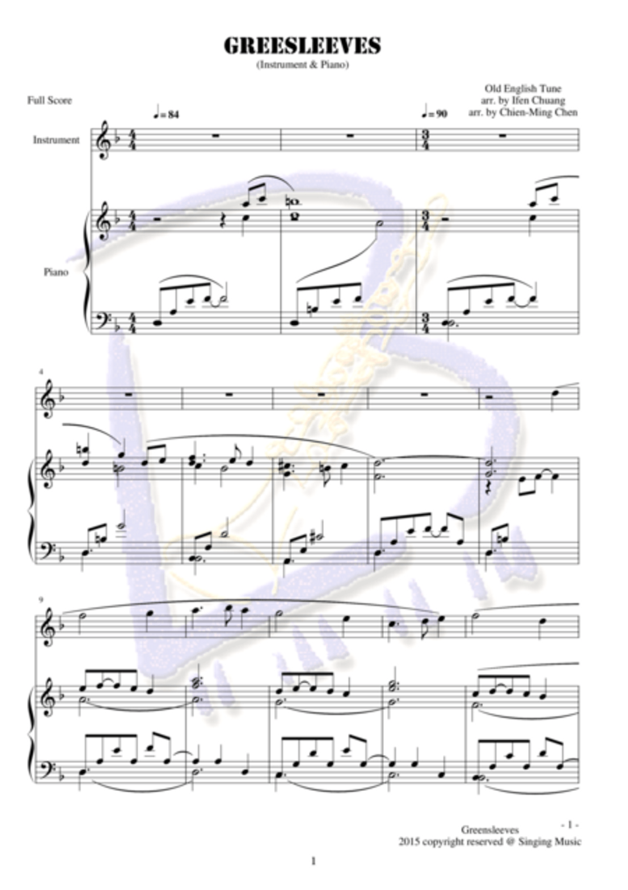 Greensleeves, for Instrument and Piano Handbell Choir scores gallery preview page 1