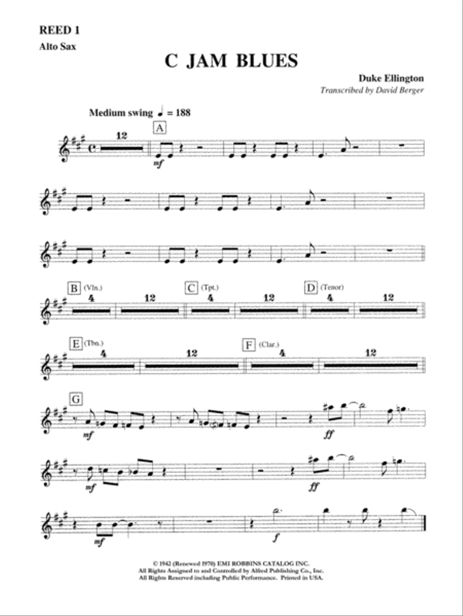 C Jam Blues: E-flat Alto Saxophone Jazz Ensemble scores gallery preview page 1